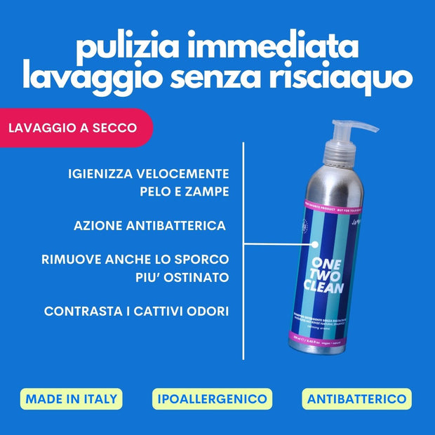 Detergente senza risciacquo per cani ideale per pelli sensibili e cuccioli One Two Clean