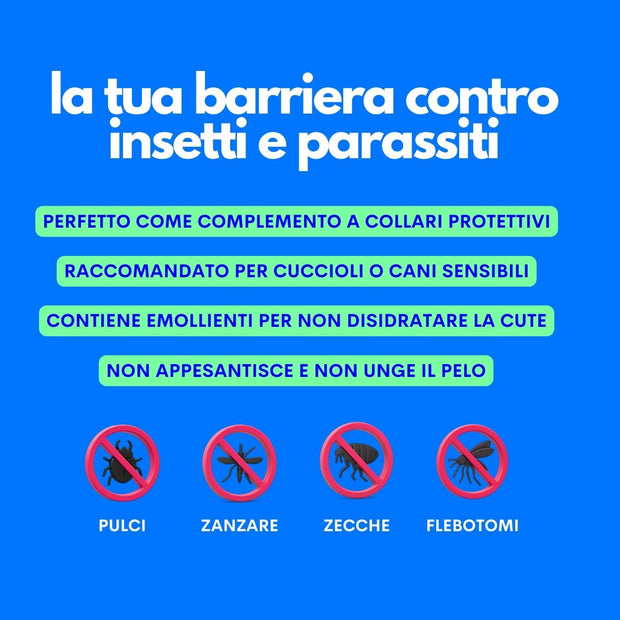 Spray con icaridina contro zanzare, pulci, zecche e flebotomi protezione delicata per il cane